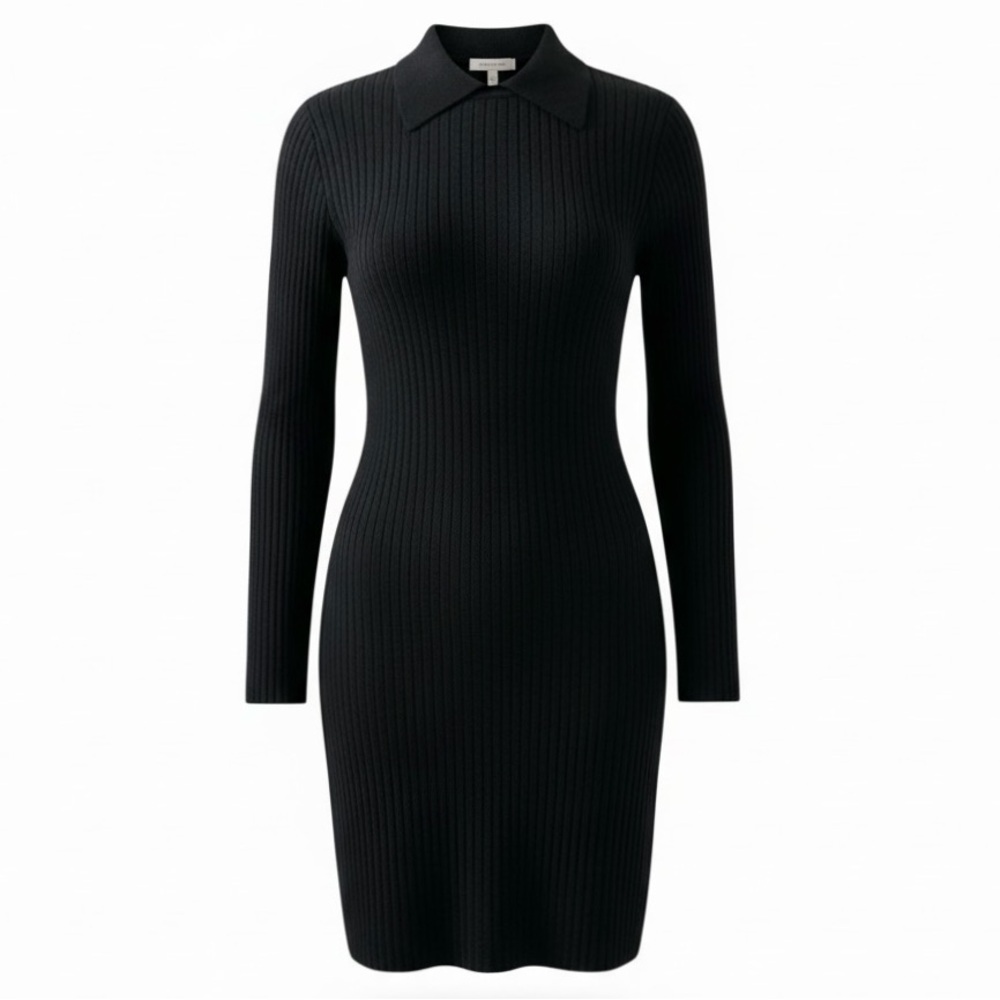 St. John Black Collared Wide Ribbed Long Sleeve Knit Dress Size Small